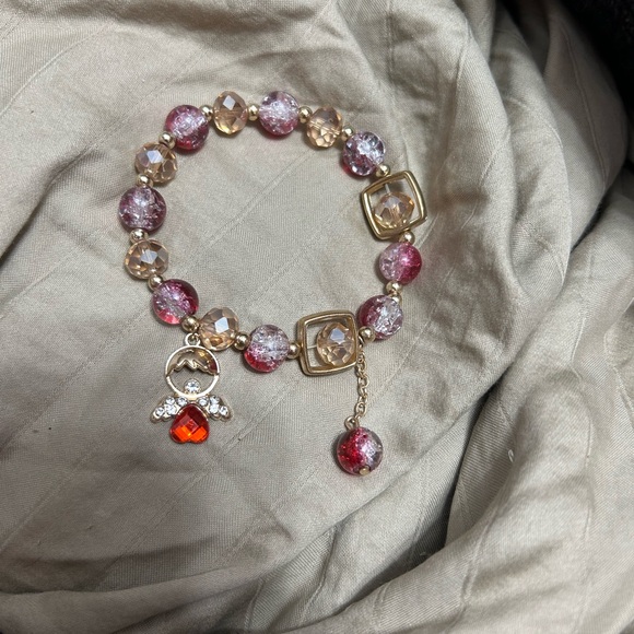 Jewelry - Gold-tone with Red and Clear Glass Beaded Bracelet with Angel Charm